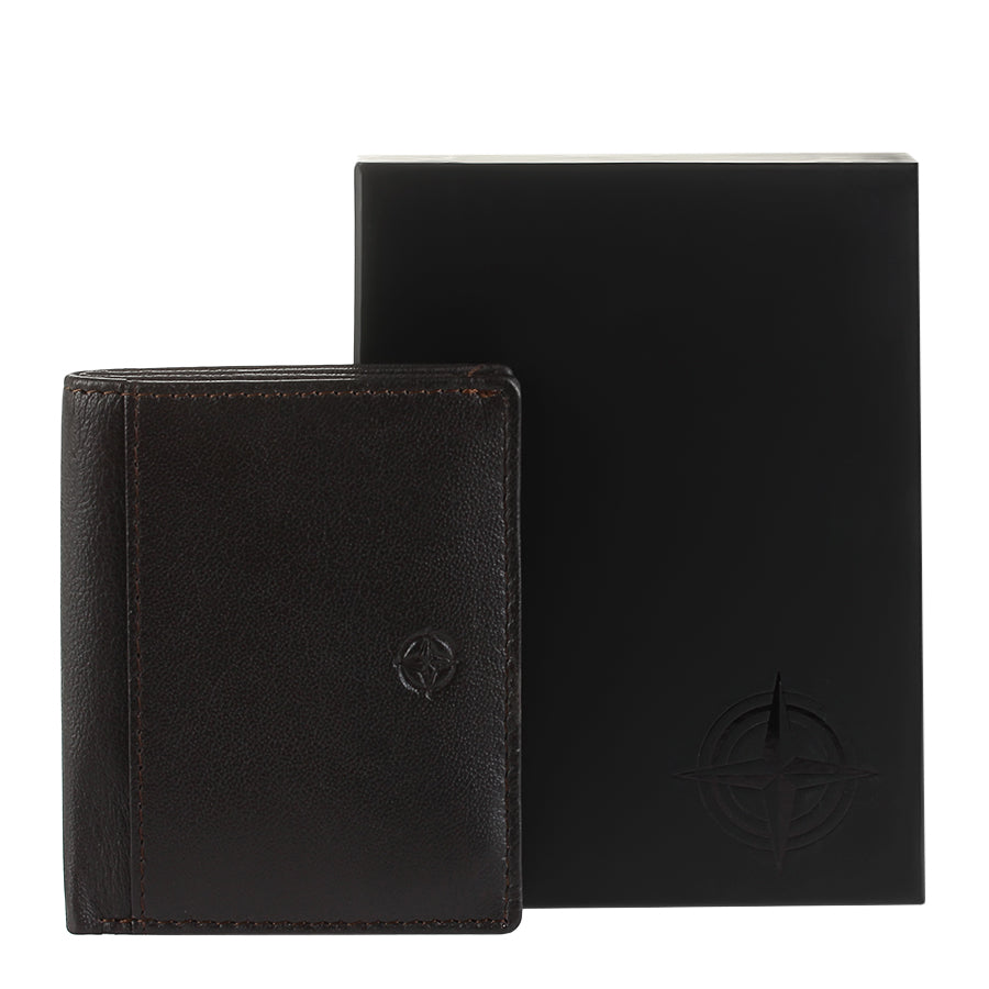 Tony Perotti Cortina 5045 moro — the card wallet next to its black Cortina gift box embossed with the compass emblem