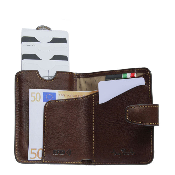 Nevada 3796+RFID moro dark brown card holder open — pull-up card sleeve raised by leather tab, banknote and card slot