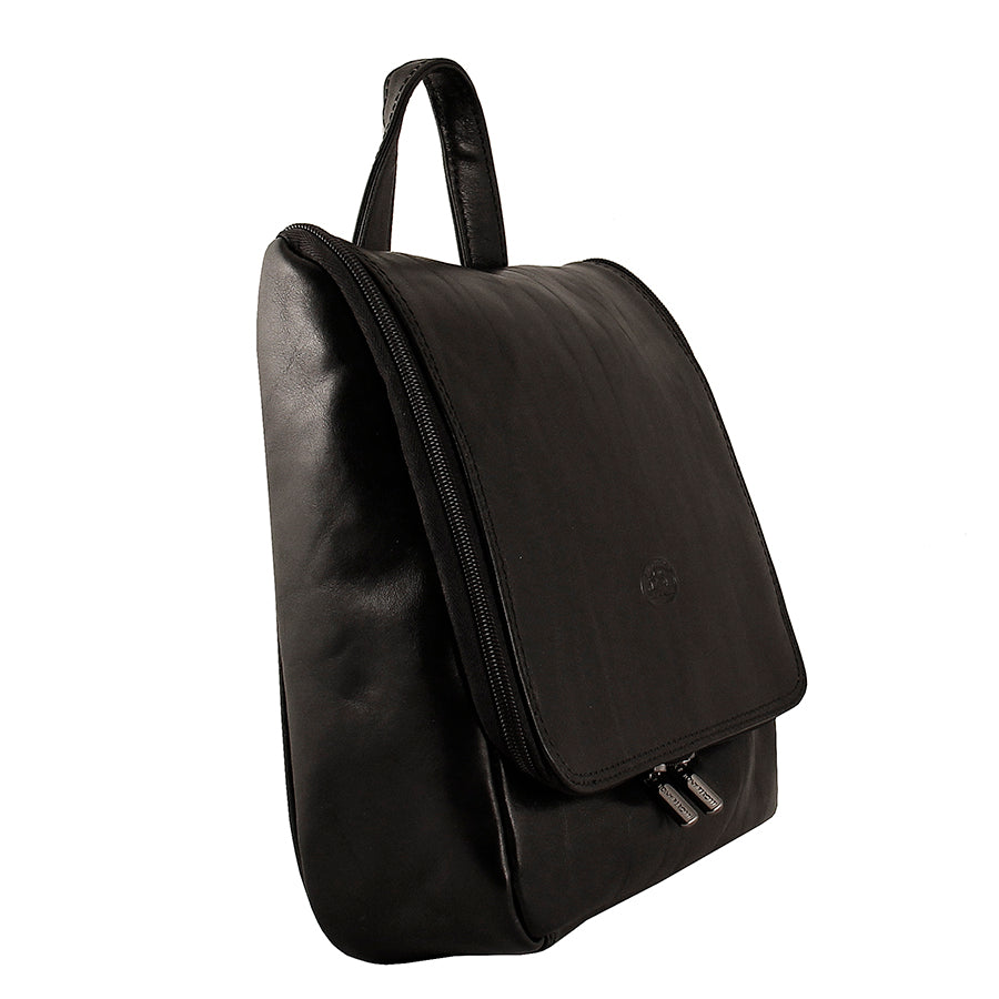 Tony Perotti Italico 8220 nero toiletry bag — angled view showing the wrap-around zip and flap