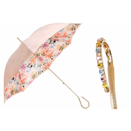 Pasotti women's cane umbrella in light pink with floral print and crystals on the handle