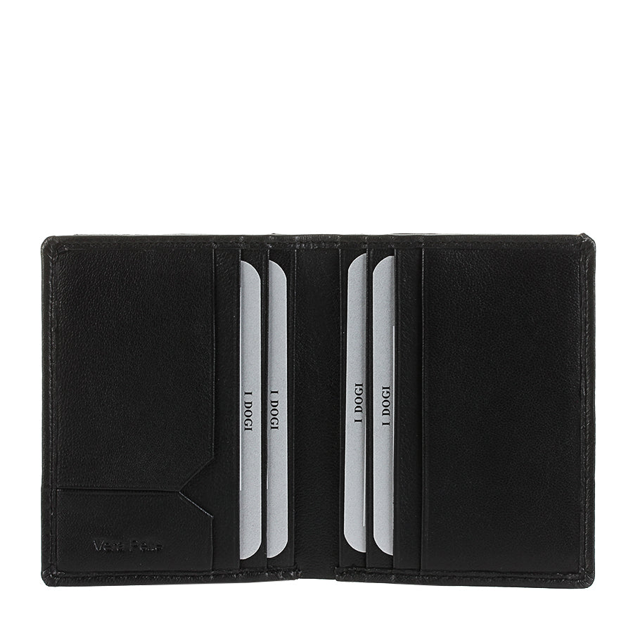 Tony Perotti Cortina 5045 nero — opened flat: two card slots and a notched slip pocket on each inner panel, with «Vera Pelle» embossed