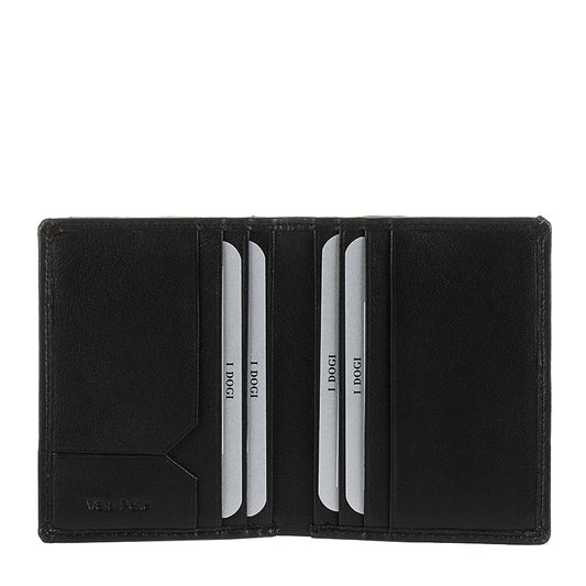 Tony Perotti Cortina 5045 nero — opened flat: two card slots and a notched slip pocket on each inner panel, with «Vera Pelle» embossed