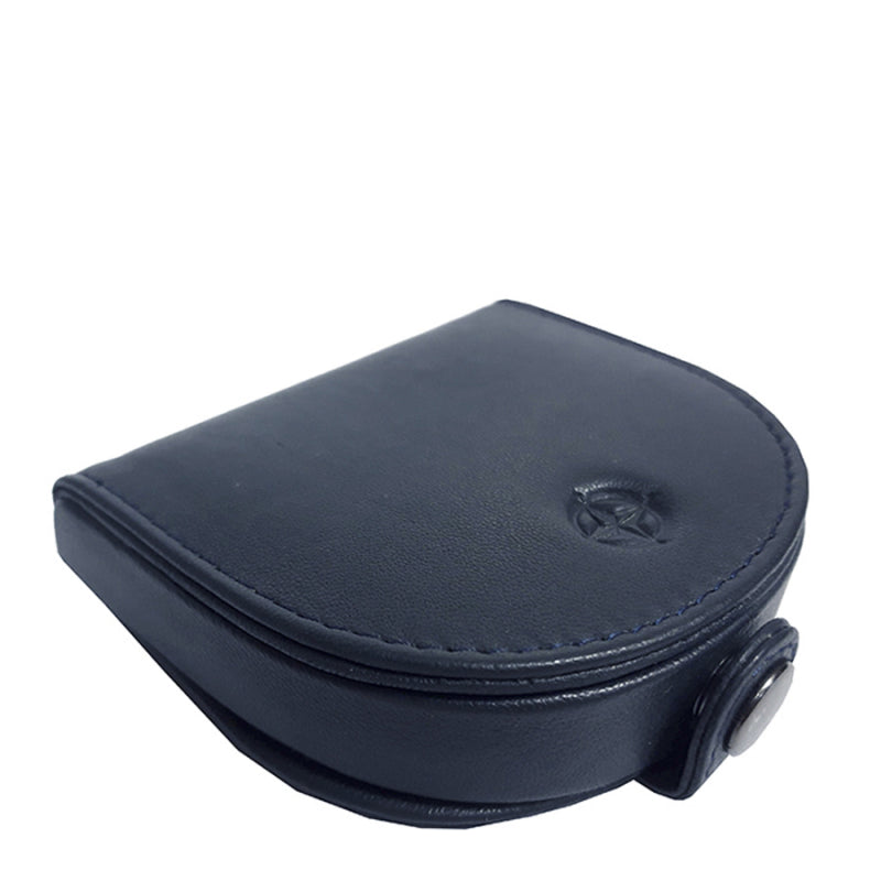 Navy leather tray coin pouch Tony Perotti Cortina 5070 navy closed at an angle — flap with the embossed compass rose and the front snap