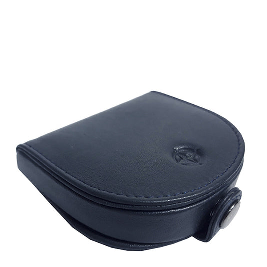 Navy leather tray coin pouch Tony Perotti Cortina 5070 navy closed at an angle — flap with the embossed compass rose and the front snap