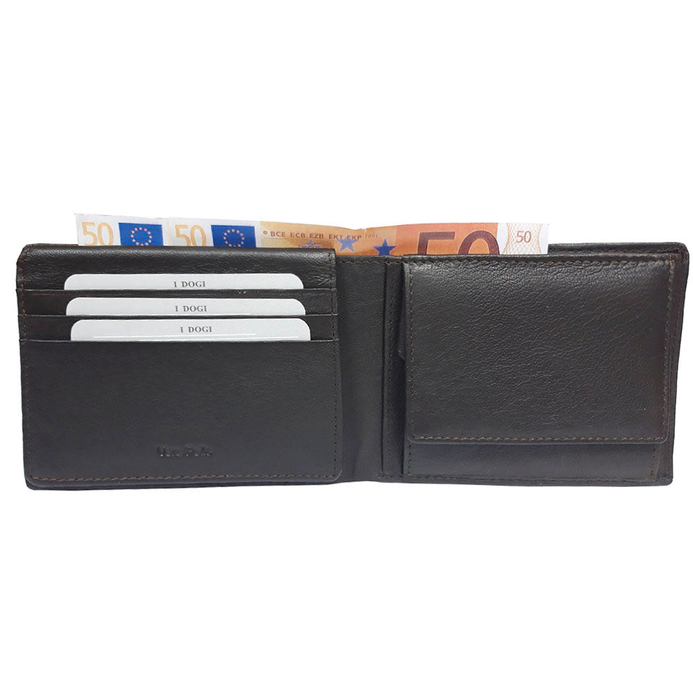 Tony Perotti Cortina 5052 moro opened — card slots and a slip pocket on the left, the snap coin pocket on the right and banknotes in the compartment behind