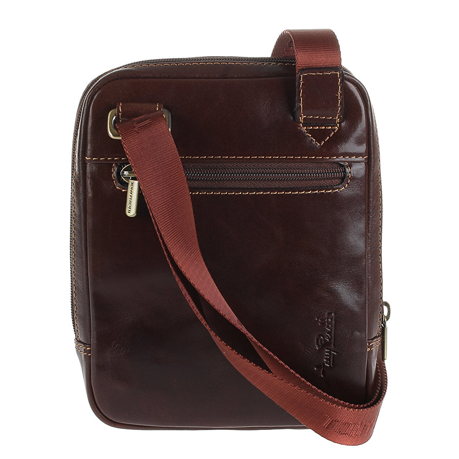 Back of the small dark brown Italico 6056 bag — rear flat zip pocket, light brown jacquard strap and embossed Tony Perotti signature