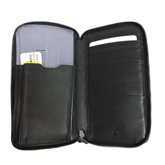 Second compartment of the black Tony Perotti New Contatto 2886 clutch — mesh window pocket with the authenticity card and rows of card slots