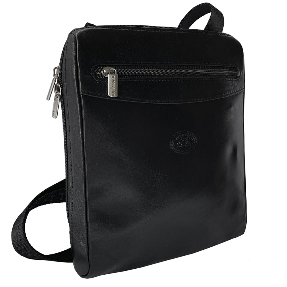 Angled view of the Tony Perotti Italico 9137-20 black crossbody bag with two branded zip pullers