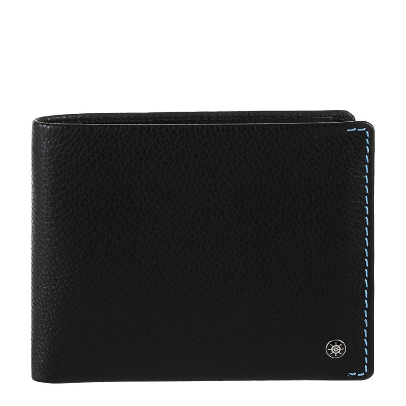 Tony Perotti Timone 11013P black leather bifold wallet, front view with ship's wheel emblem and blue stitching