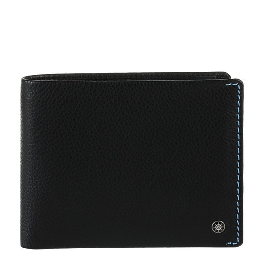 Tony Perotti Timone 11013P black leather bifold wallet, front view with ship's wheel emblem and blue stitching