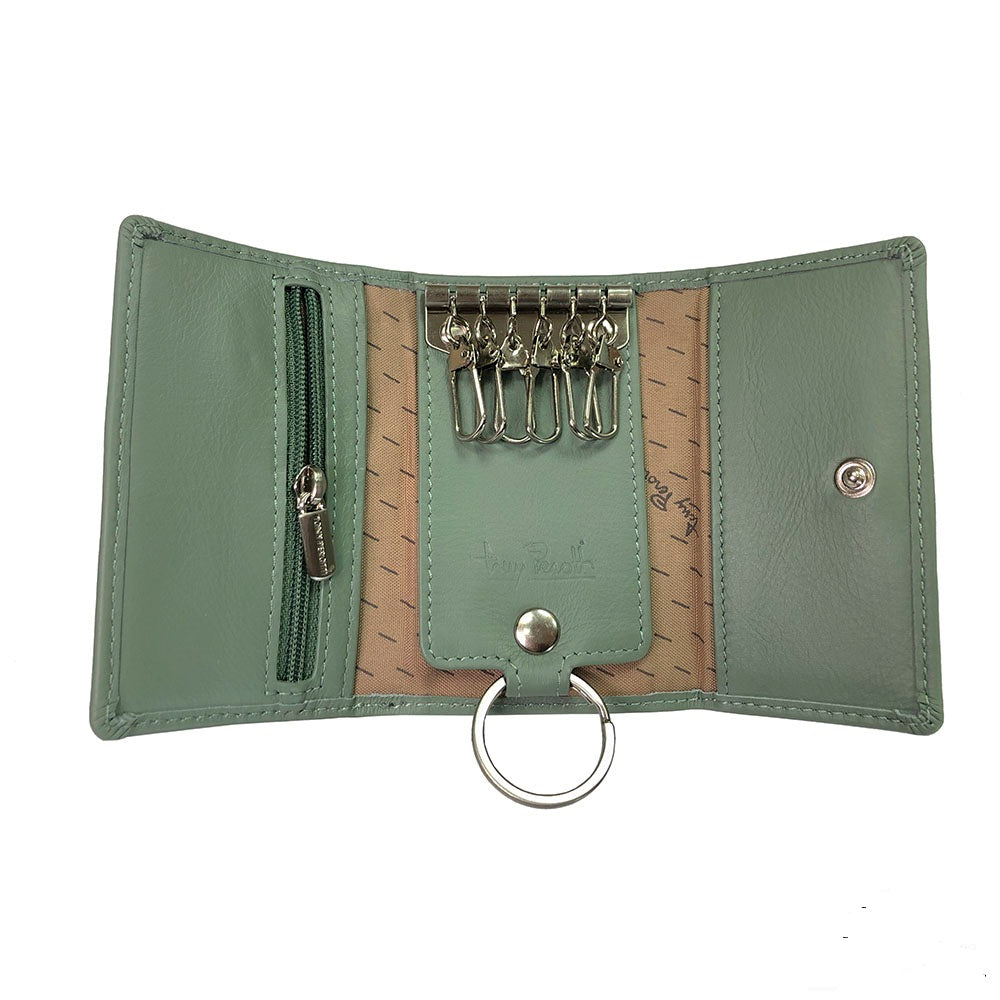 Tony Perotti New Rainbow 1117 salvia — opened flat: the six empty hooks, the card slots behind the side panels and the ring on its leather tab