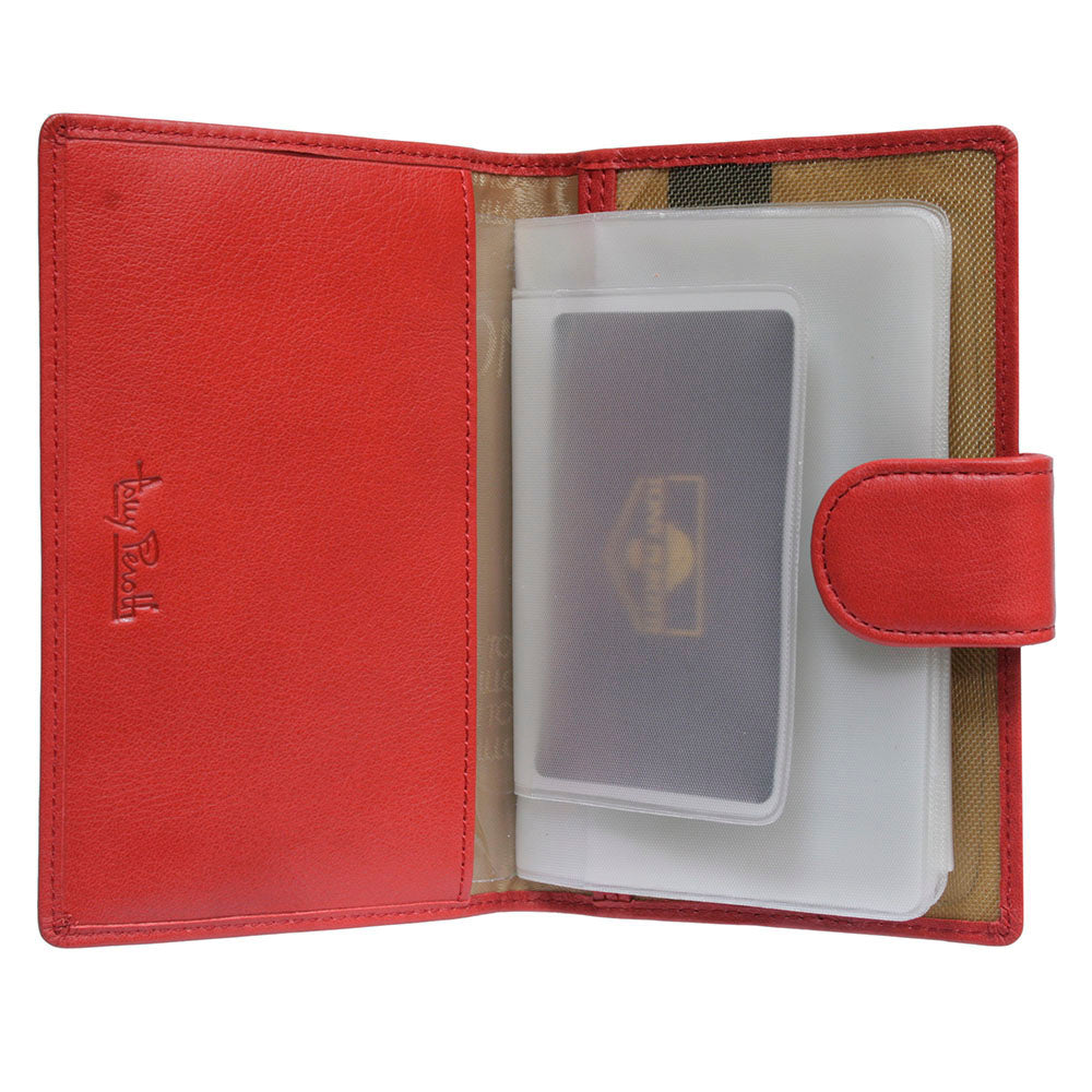 Red document holder Tony Perotti Contatto 1423 rosso opened — flat leather pocket with the embossed signature and a booklet of frosted plastic sleeves