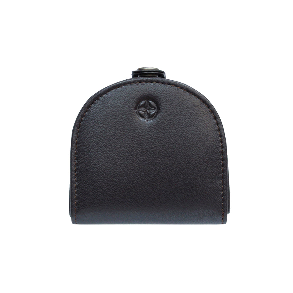 Tony Perotti Cortina 5070 tray coin pouch seen straight on — horseshoe outline and the embossed compass rose (black colourway shown)