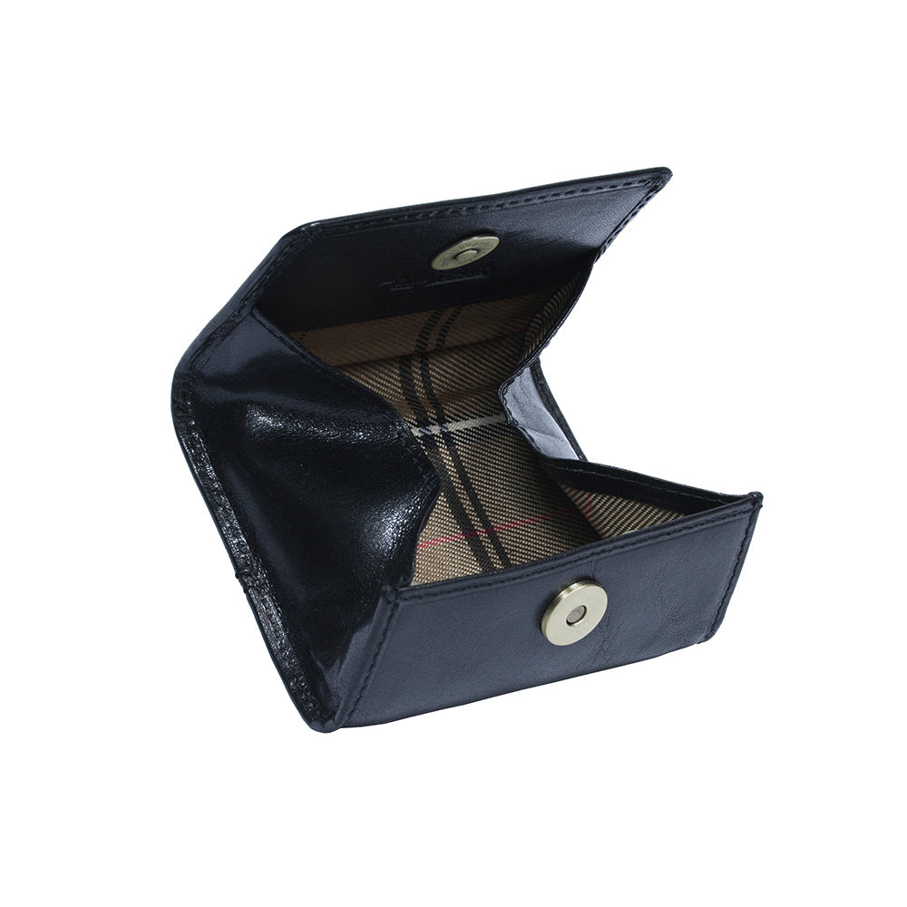 Black leather coin pouch open showing plaid fabric lining and snap button — Tony Perotti Italico 1445L nero
