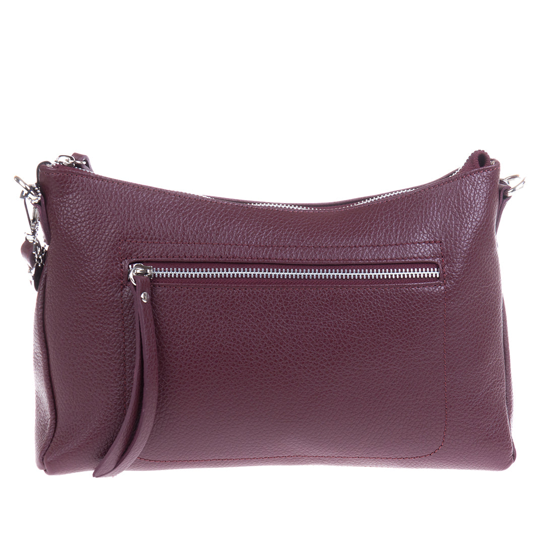 Tony Perotti Borsa CA01A-18BO burgundy leather bag — the face with a full-width zipped pocket and a leather tassel pull