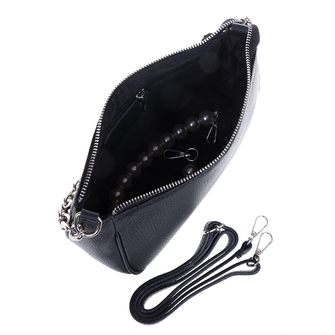 Inside the Tony Perotti Borsa CA045-02BK nero handbag — black textile lining, zipped pocket on the back wall, with the detachable leather strap beside it