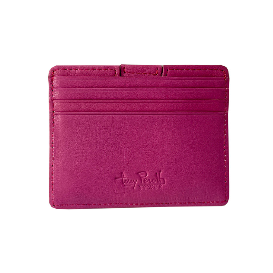 Reverse side of the pink leather card holder Tony Perotti Contatto 2236N dalia with three card slots and embossed Tony Perotti Firenze signature