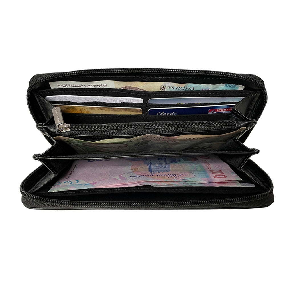 Black Swarovski wallet open showing card slots, bill compartments and central zip coin pocket
