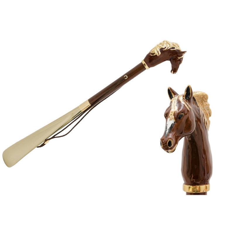 Pasotti brown horse head shoehorn, full view with a close-up of the horse head — CS K45mo