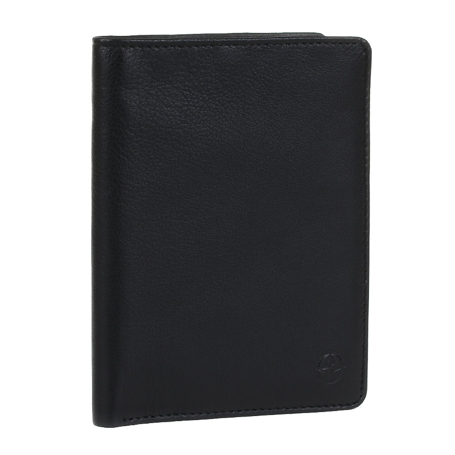 Black Tony Perotti Cortina 5050 vertical wallet standing at a three-quarter angle, closed — grained calf leather
