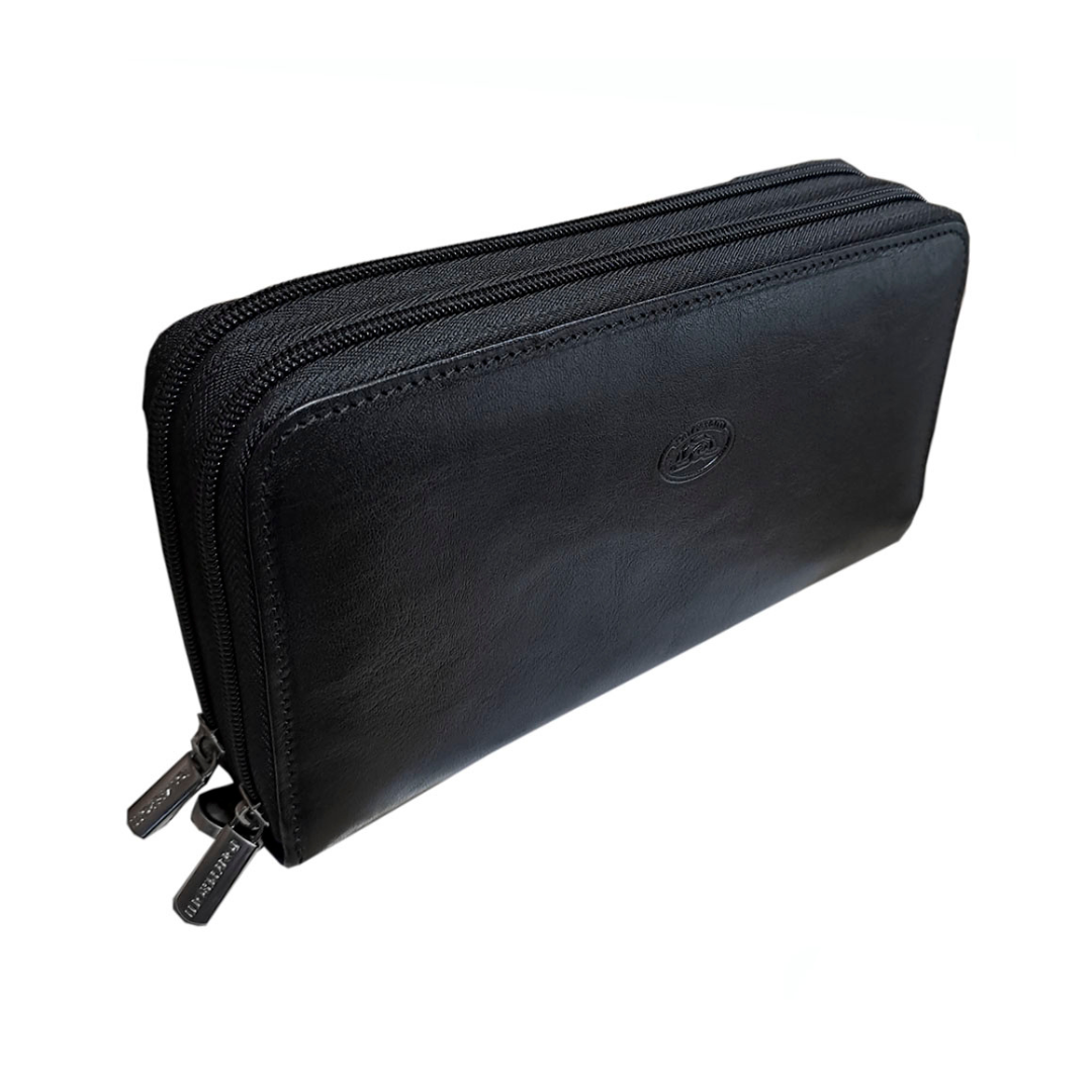 Angled back view of the black Italico 3668 clutch — two zip-around compartments and smooth glossy leather