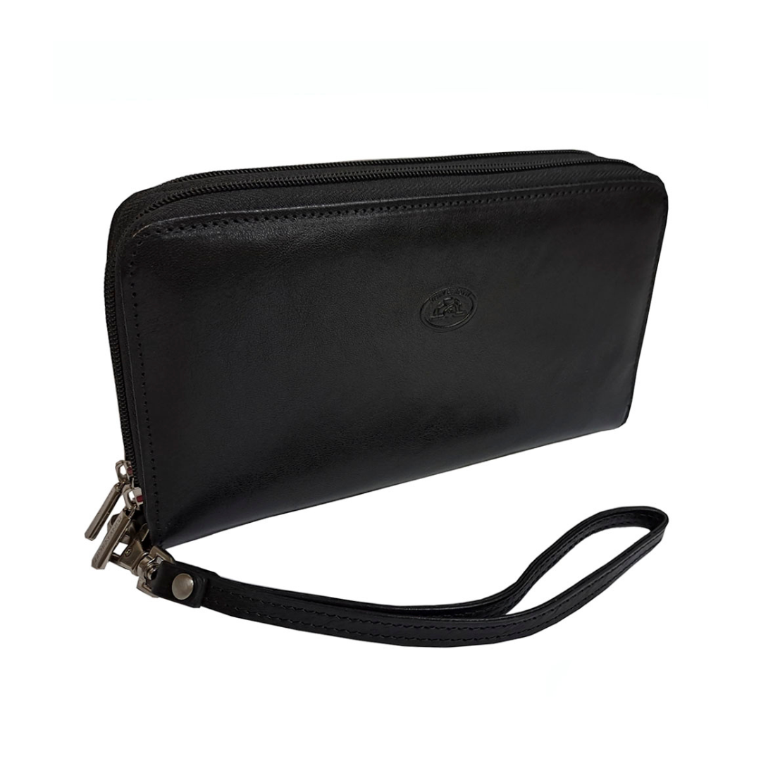 Tony Perotti Italico 3668 men's black leather clutch — angled front view with two zip-around compartments, embossed turtle emblem and wrist strap