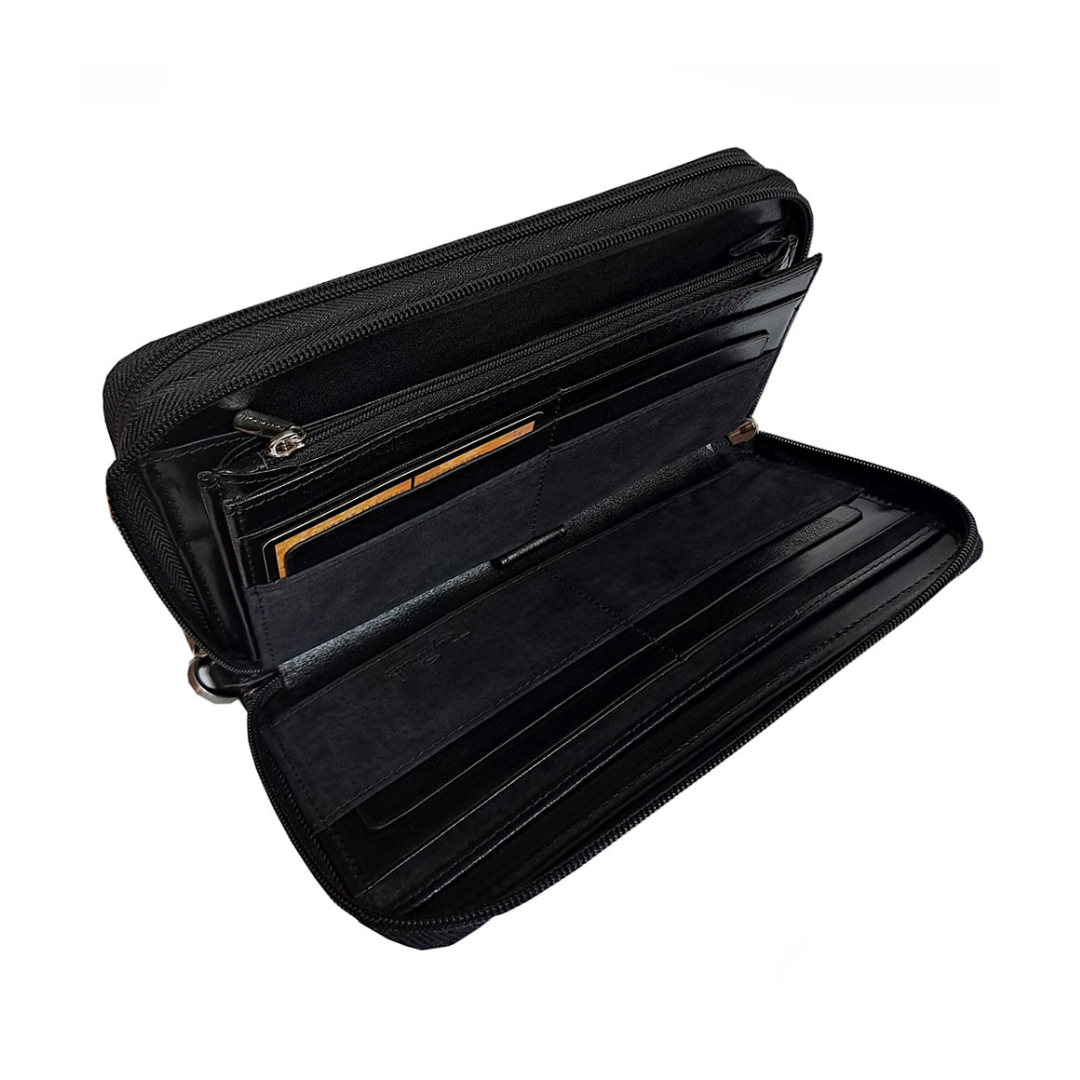 Black Italico 3668 clutch opened — card slots, bill sections and inner zip pocket against the checked lining