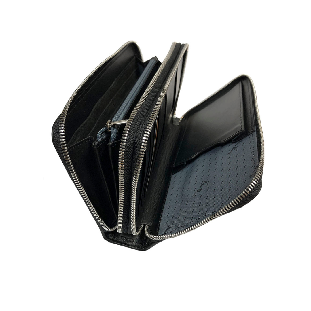 Black Tony Perotti 2886 clutch with both compartments open — inner zip pocket divider and printed silk lining