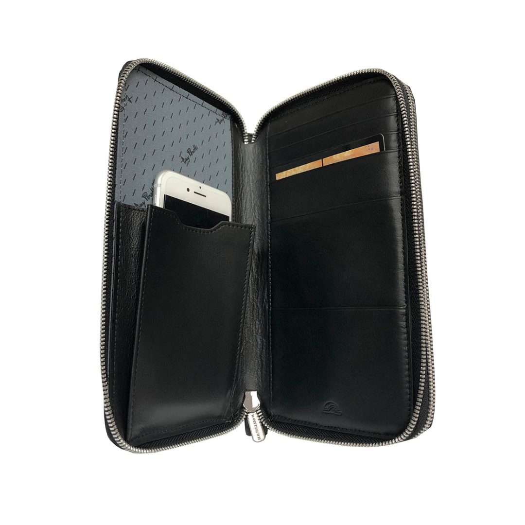 First compartment of the black Tony Perotti 2886 clutch — phone in its dedicated pocket beside a row of card slots