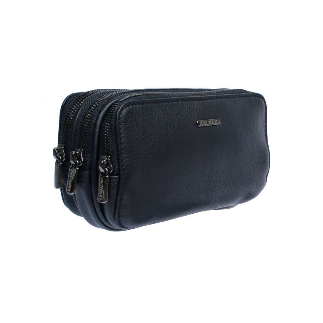 Tony Perotti black leather clutch bag New Contatto 6168 nero with three zip compartments and a metal Tony Perotti plate