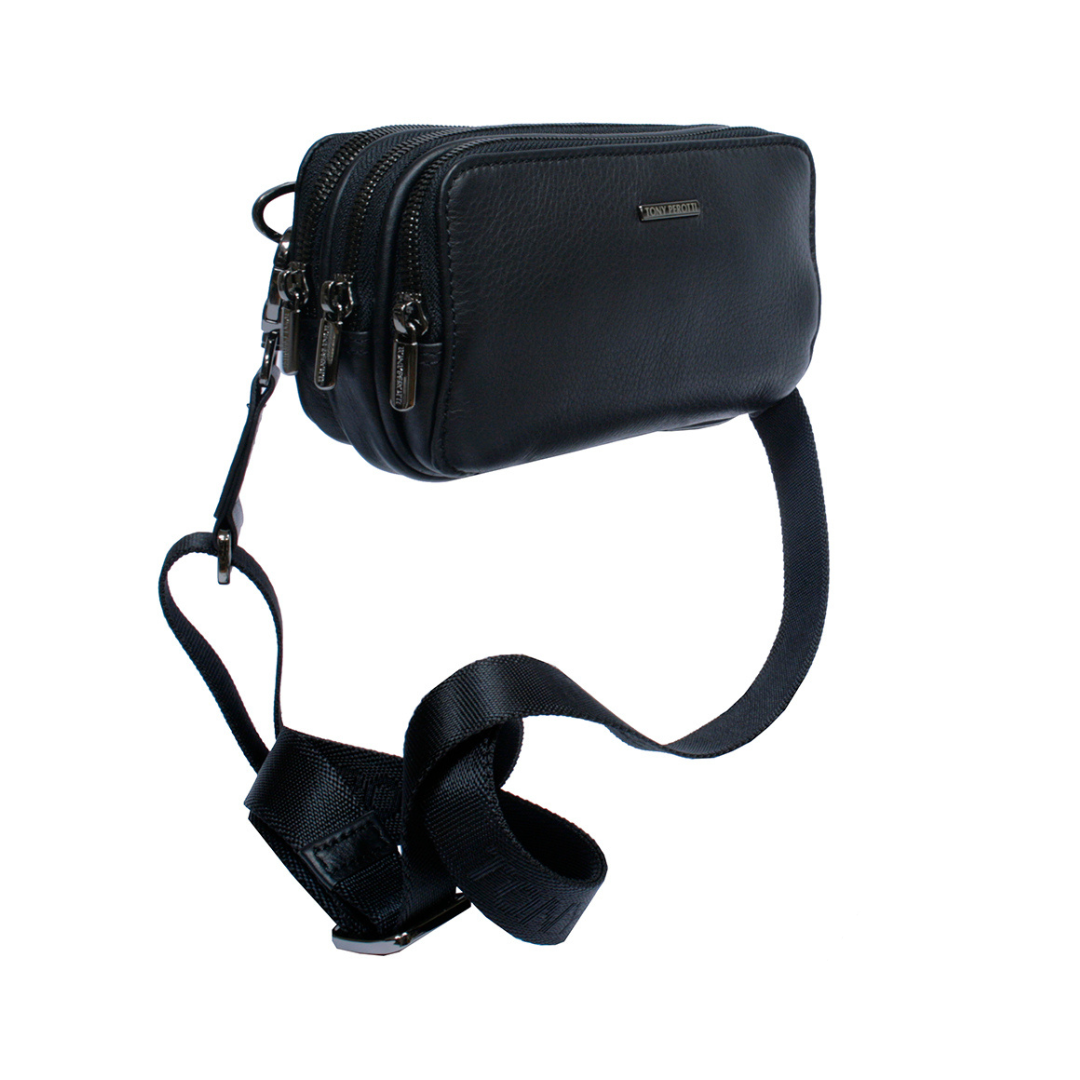 Black Tony Perotti leather clutch handcrafted in Italy shown with its detachable shoulder strap