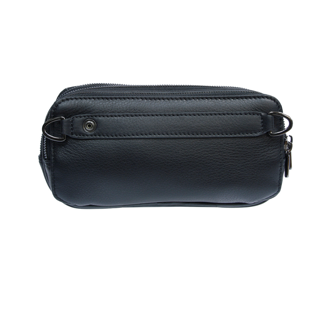 Black Tony Perotti New Contatto 6168 clutch seen from the back with the leather belt strap on a snap and black-nickel D-rings
