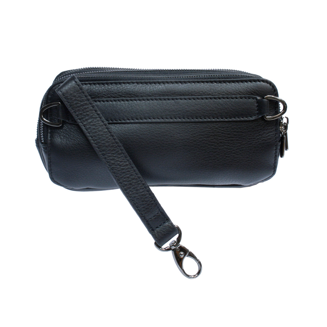 Detachable leather wrist strap with a black-nickel snap hook on the black Tony Perotti clutch