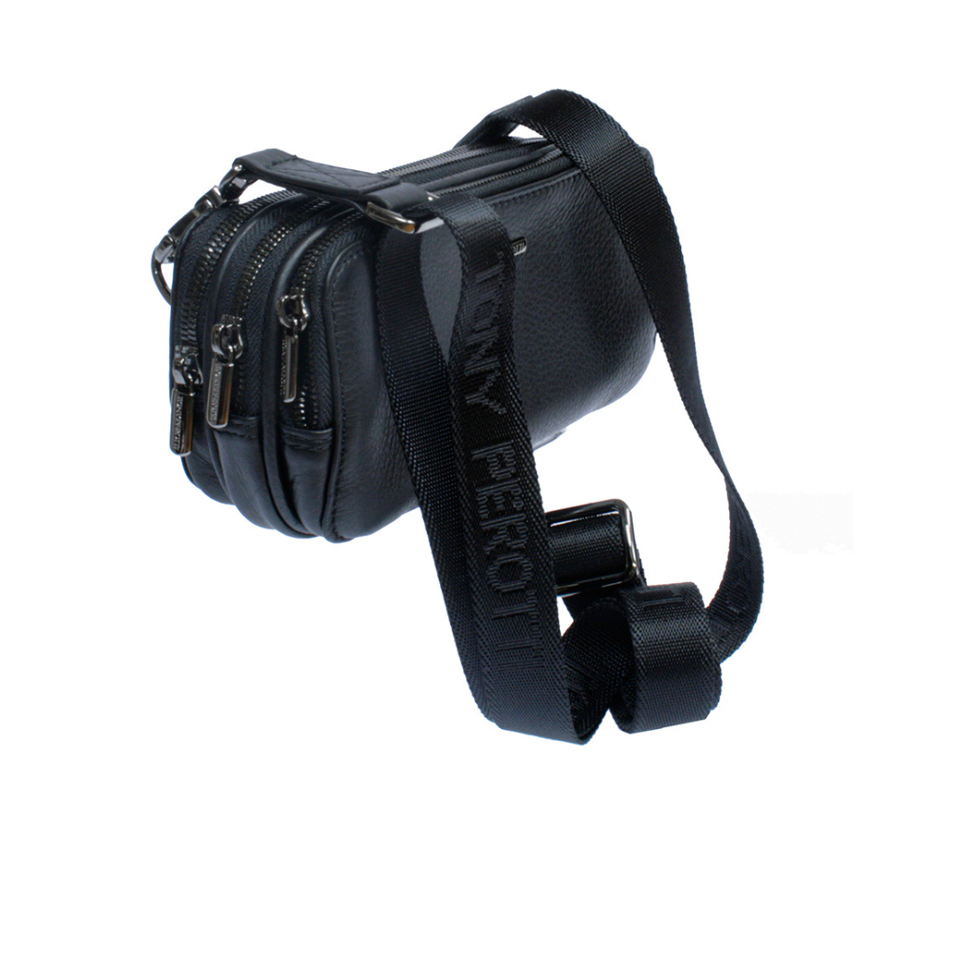 Adjustable textile shoulder strap woven with the Tony Perotti name on the black leather clutch