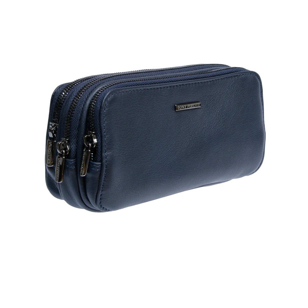 Navy Tony Perotti leather clutch New Contatto 6168 navy with three zip compartments and branded metal pullers