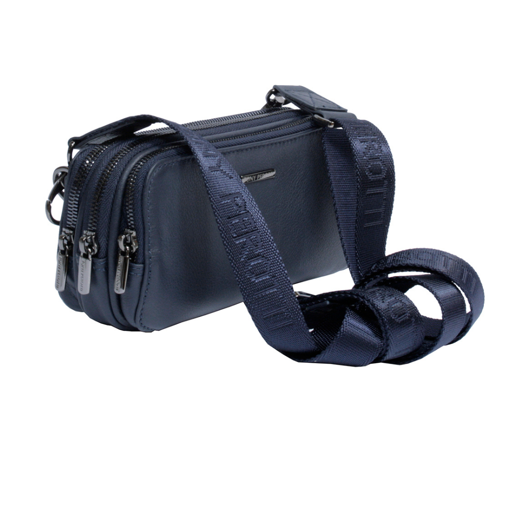 Tony Perotti navy leather clutch bag New Contatto 6168 navy with its detachable textile shoulder strap