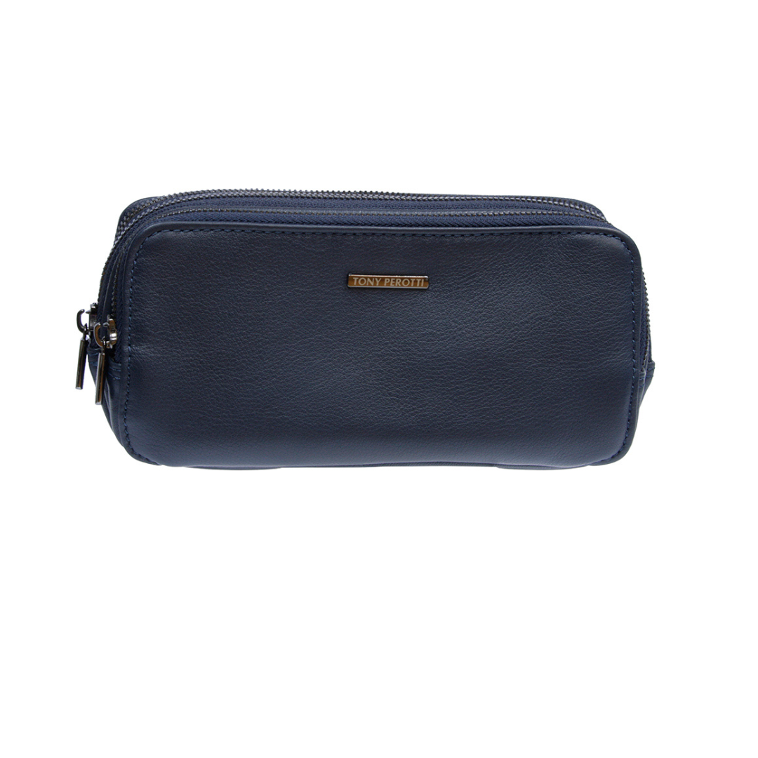 Front of the navy Tony Perotti leather clutch with the metal Tony Perotti plate on soft pebbled calf leather