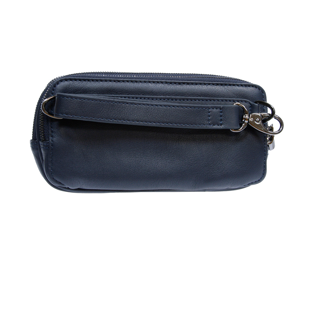 Back of the navy Tony Perotti clutch — horizontal leather strap on a snap with black-nickel D-rings and snap hooks
