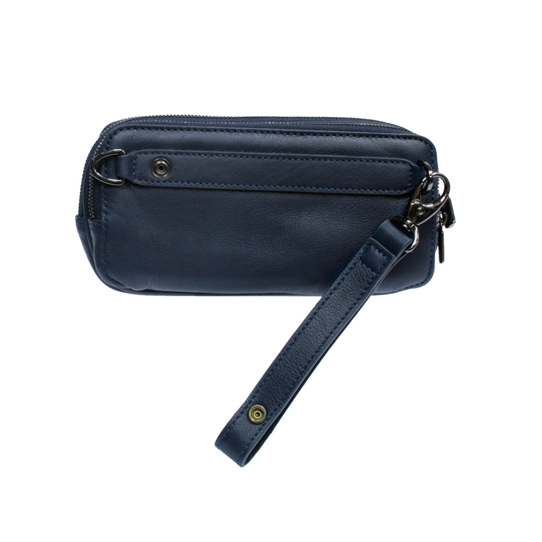 Detachable leather wrist strap on the navy Tony Perotti New Contatto 6168 clutch