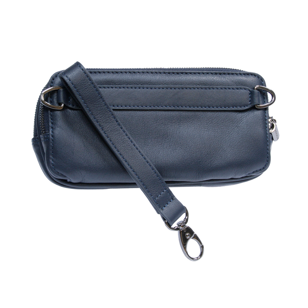 Navy Tony Perotti leather clutch handcrafted in Italy seen from the back with the wrist strap