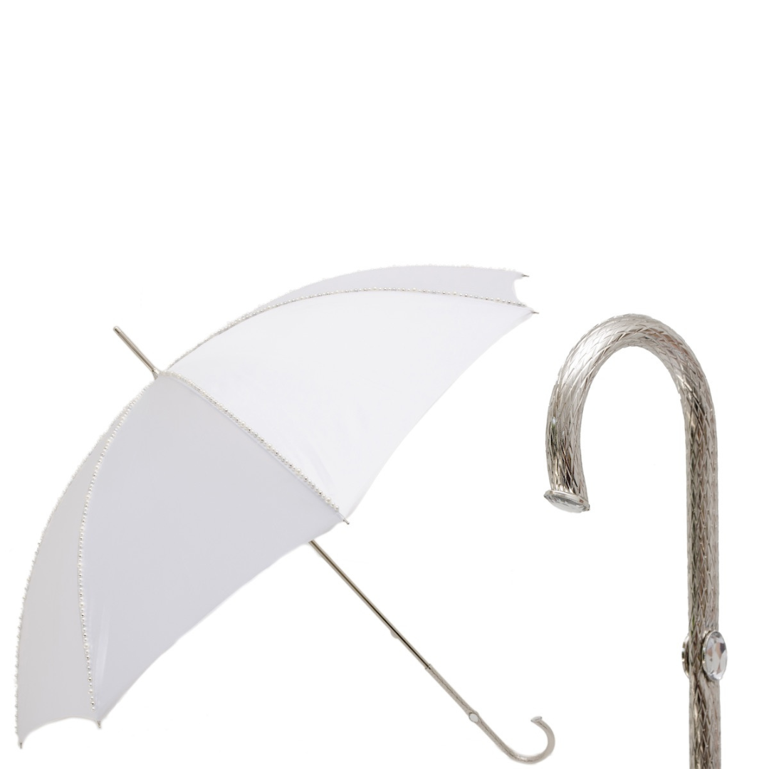 Luxury white bridal umbrella with hand-stitched pearls on the dome by Pasotti