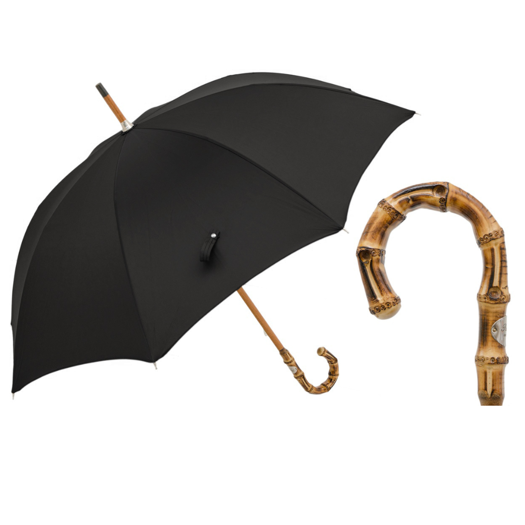Pasotti men’s black cane umbrella with bamboo handle, open view