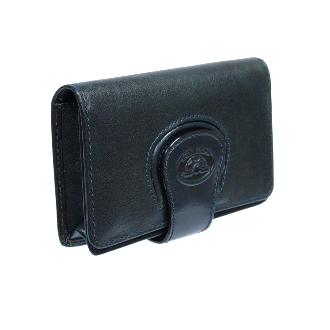 Navy blue Tony Perotti business card holder handcrafted in Italy — side view with the signature loop clasp and tonal blue stitching