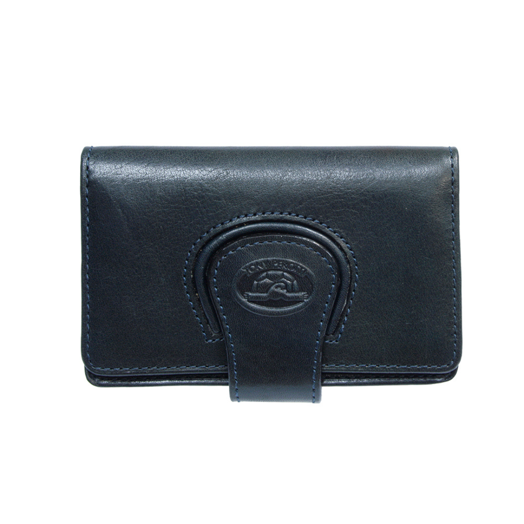 Tony Perotti Accademia 1440 blu navy blue leather business card holder — flap with a snap through a leather loop and the embossed turtle emblem