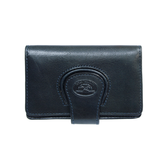 Tony Perotti Accademia 1440 blu navy blue leather business card holder — flap with a snap through a leather loop and the embossed oval Tony Perotti emblem