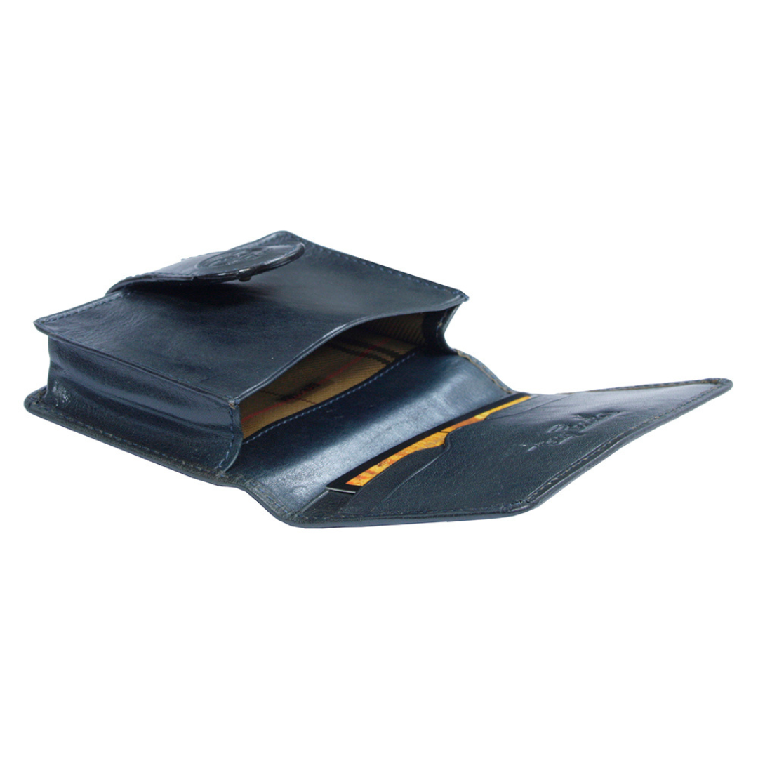 Open navy blue Tony Perotti Accademia 1440 business card holder — main compartment with check-pattern lining and card slots on the inner panel