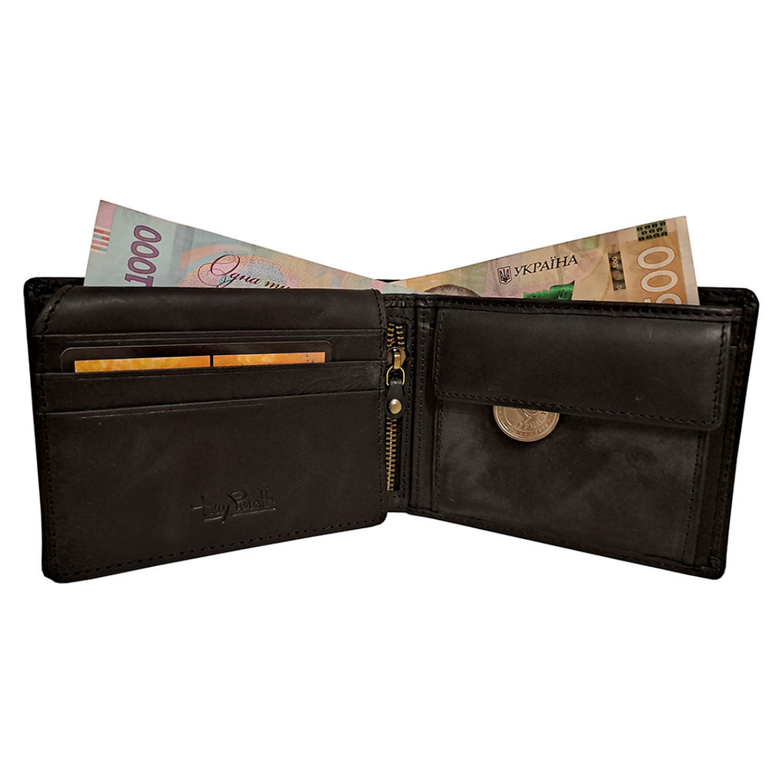 Tony Perotti Men’s Black Vintage-Look Leather Bifold Wallet with Coin Pocket — Arno 533 nero