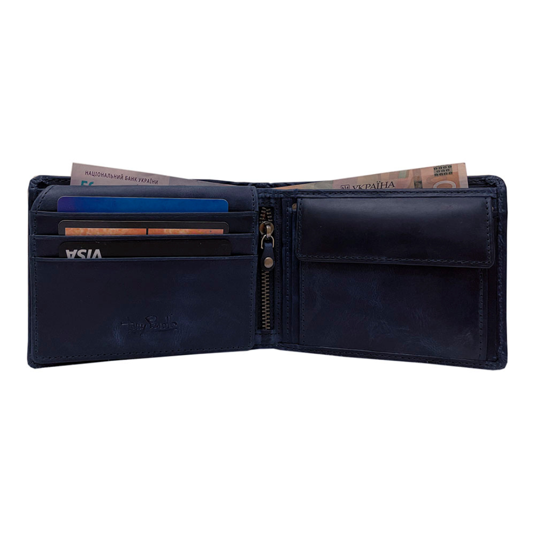 Tony Perotti Men’s Dark Blue Vintage-Look Leather Bifold Wallet with Coin Pocket — Arno 533 blue
