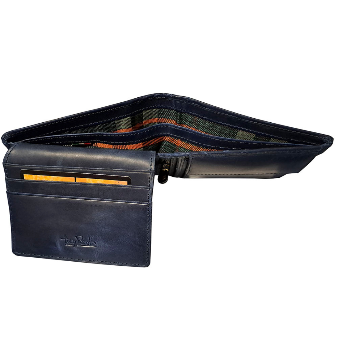 Tony Perotti Men’s Dark Blue Vintage-Look Leather Bifold Wallet with Coin Pocket — Arno 533 blue