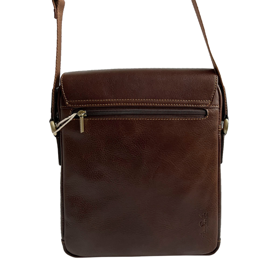 Tony Perotti men’s dark brown leather crossbody bag on a white background